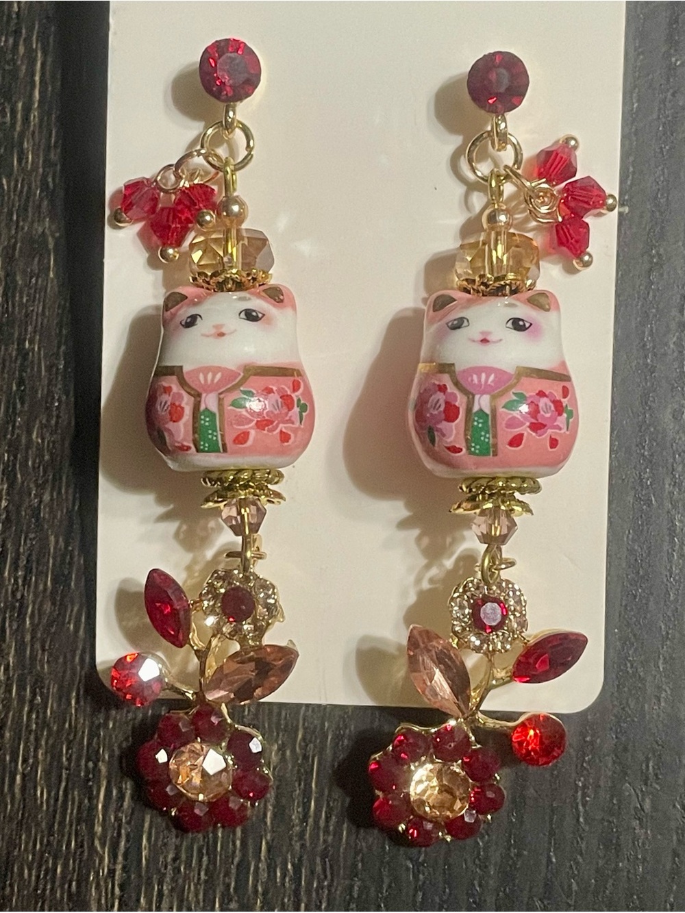 Pink & Red Ceramic Maneki Neko Dangle Earrings - Floral Lucky Cat